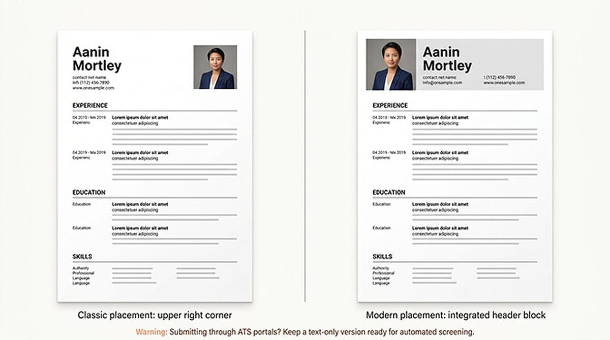 Two resume photo placement examples side by side: a classic layout with the headshot in the upper right corner next to the candidate's name, and a modern layout with the resume picture built into a shaded header block, with a warning that ATS portals need a text-only version.
