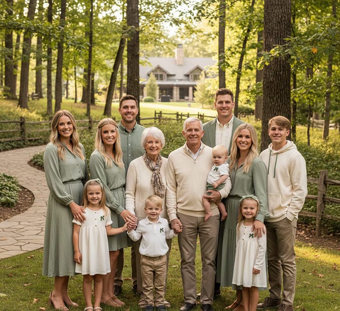 Large family photo featuring sage green, taupe, and cream color scheme with family dressed in sage, eucalyptus green, taupe, and cream