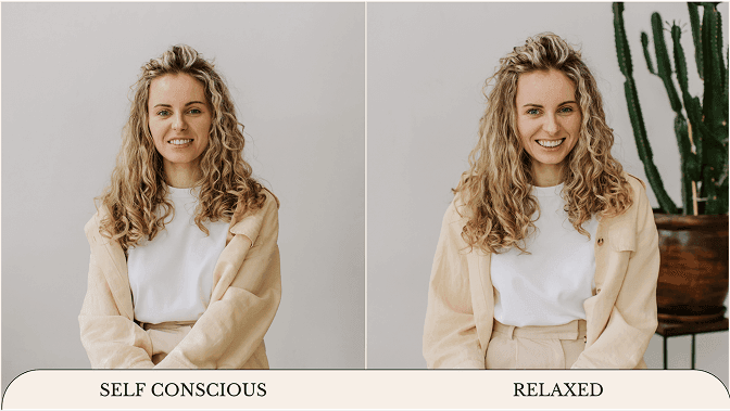 The same woman photographed twice, labelled self conscious and relaxed, showing how a tense posed expression reads differently from a natural relaxed one in an otherwise identical shot.