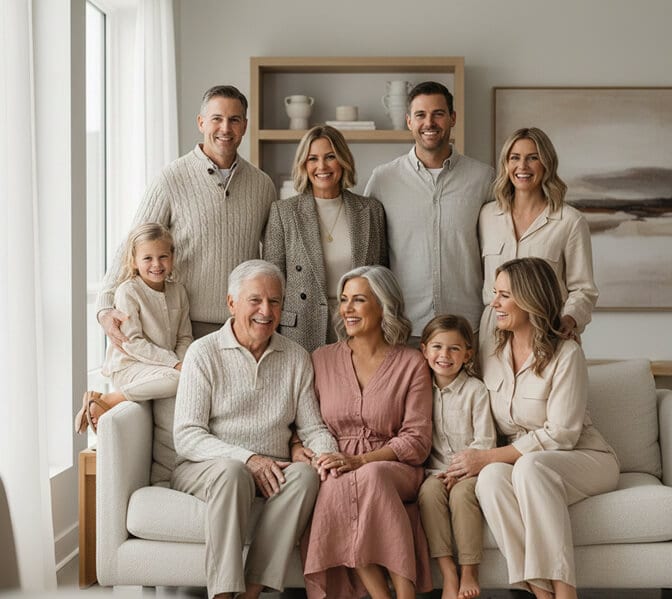 Large family photo featuring soft neutrals with one pop of color, family dressed in cream, beige, and light gray with dusty rose accent