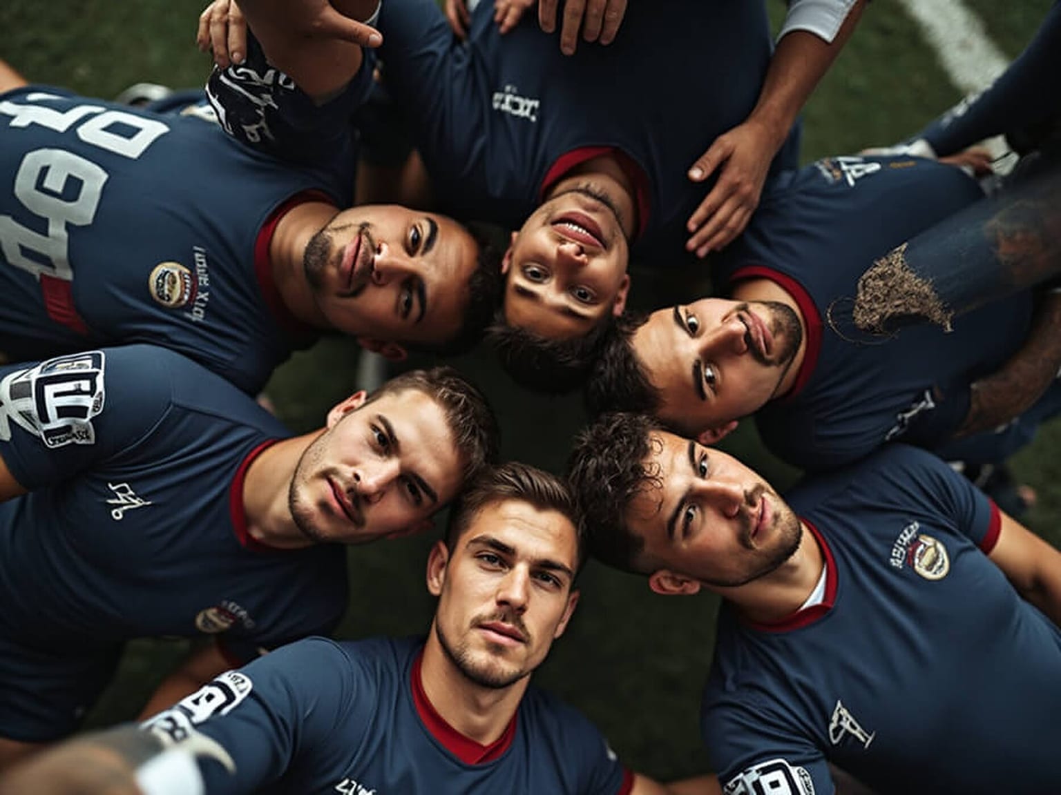 Overhead shot looking down at nine players in navy kit with their heads together in a tight circular huddle, all looking up at the camera.
