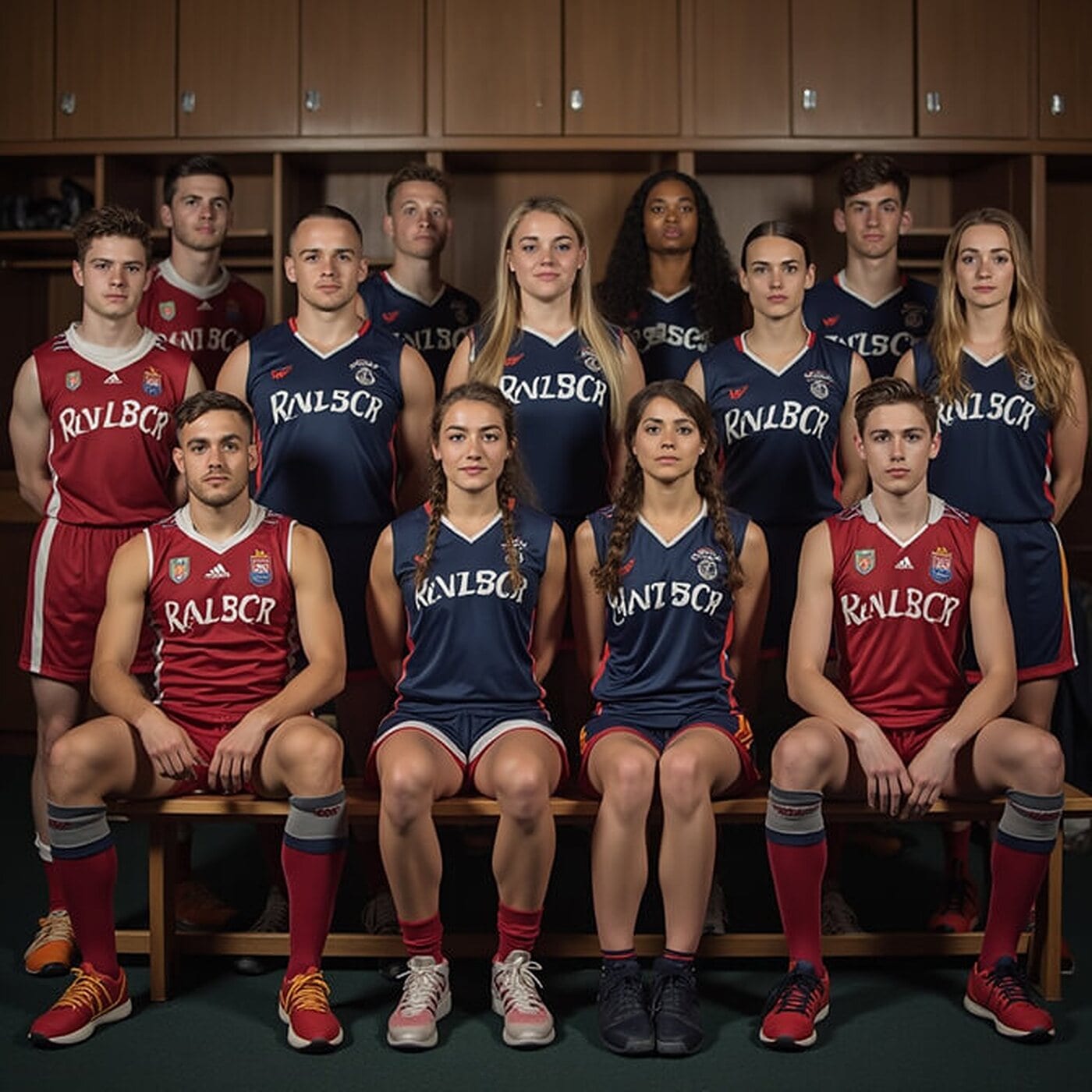 Sports team in red and navy kit seated on a bench and standing behind it in front of wooden lockers, arranged in two even rows.