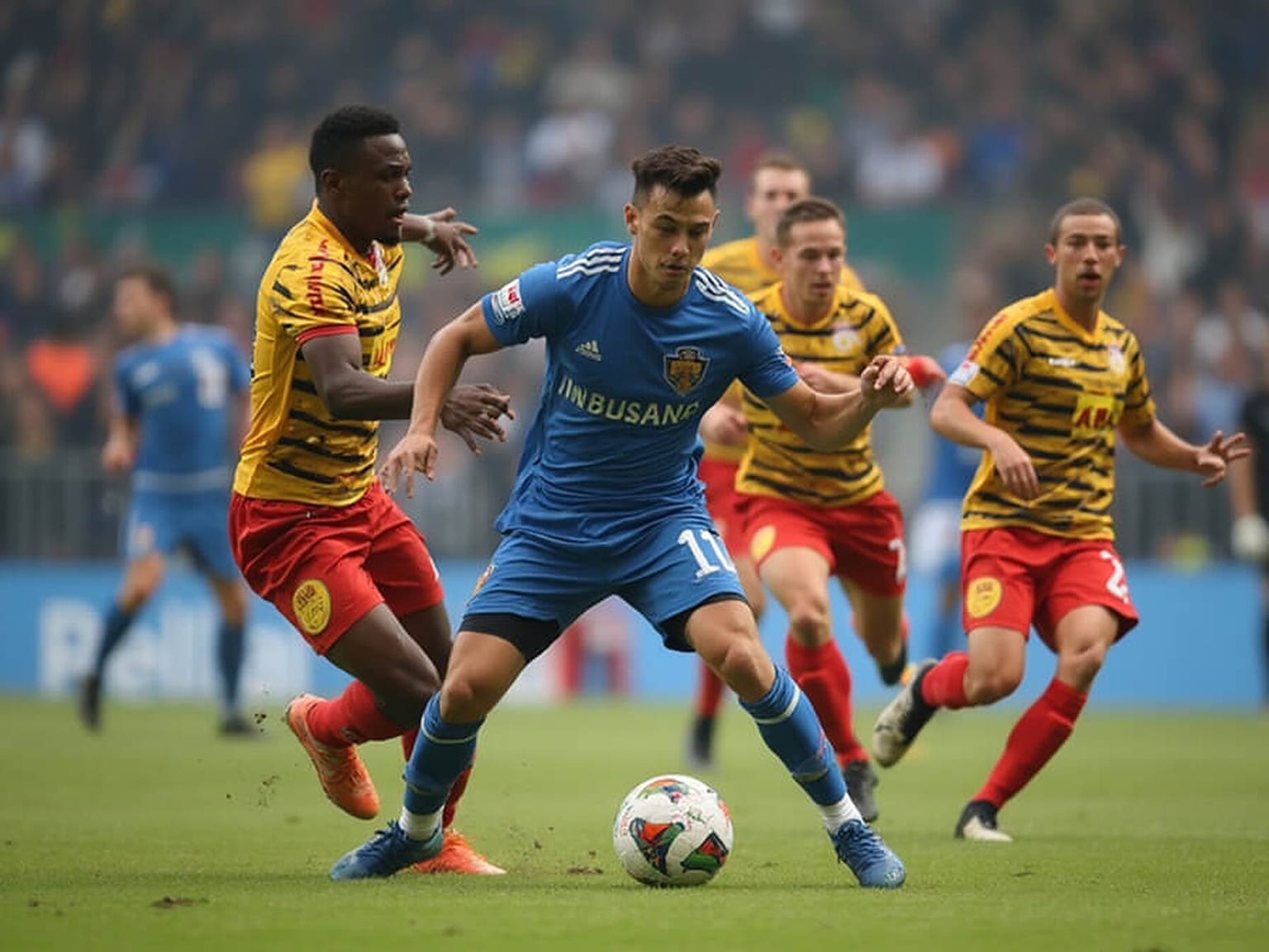 Footballers in blue and yellow kit contesting the ball mid-match on a grass pitch, caught in sharp focus at full sprint.