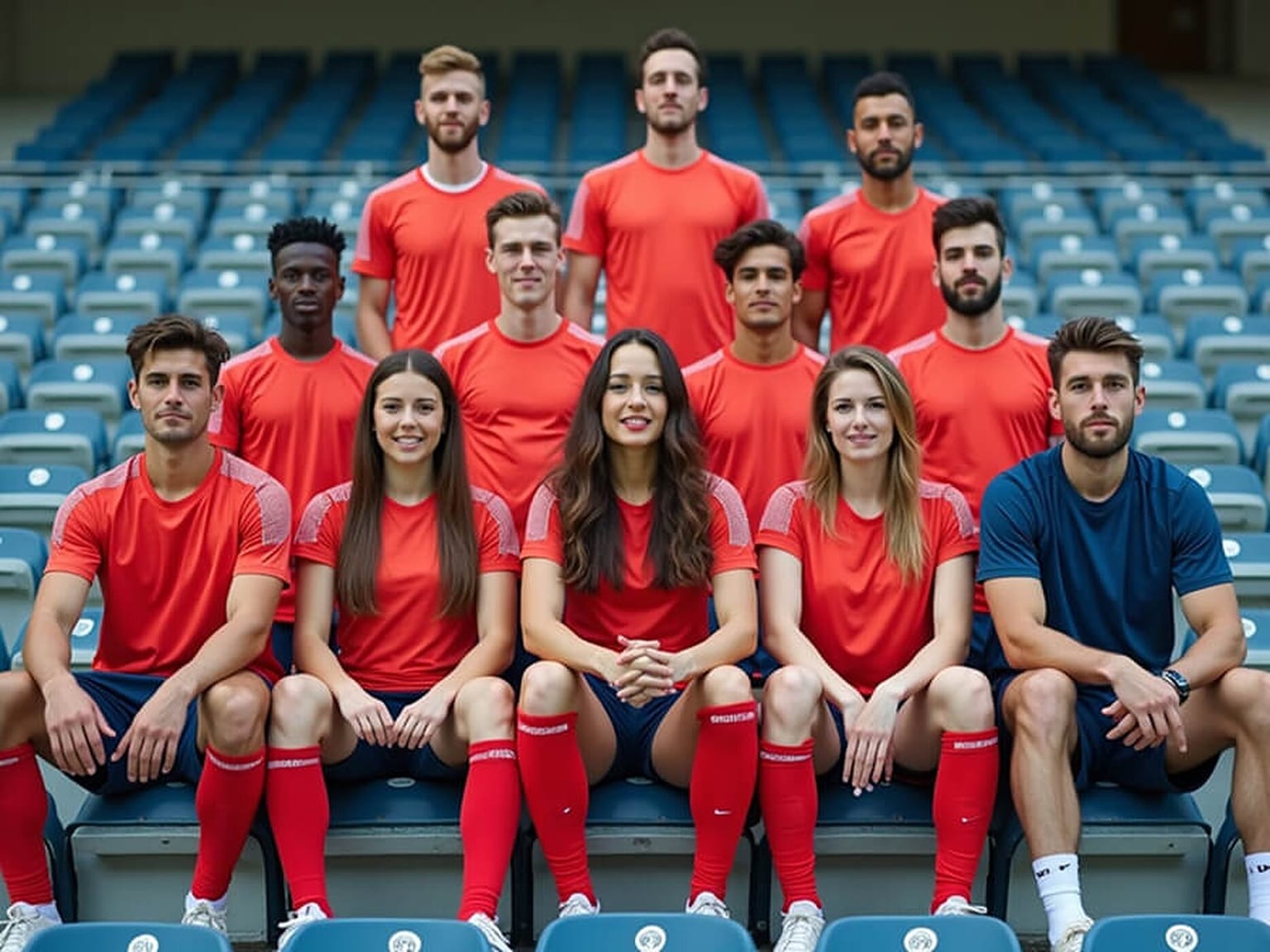 Squad of thirteen players in red kit arranged in three tiered rows on blue stadium seating, front row seated and back rows standing.
