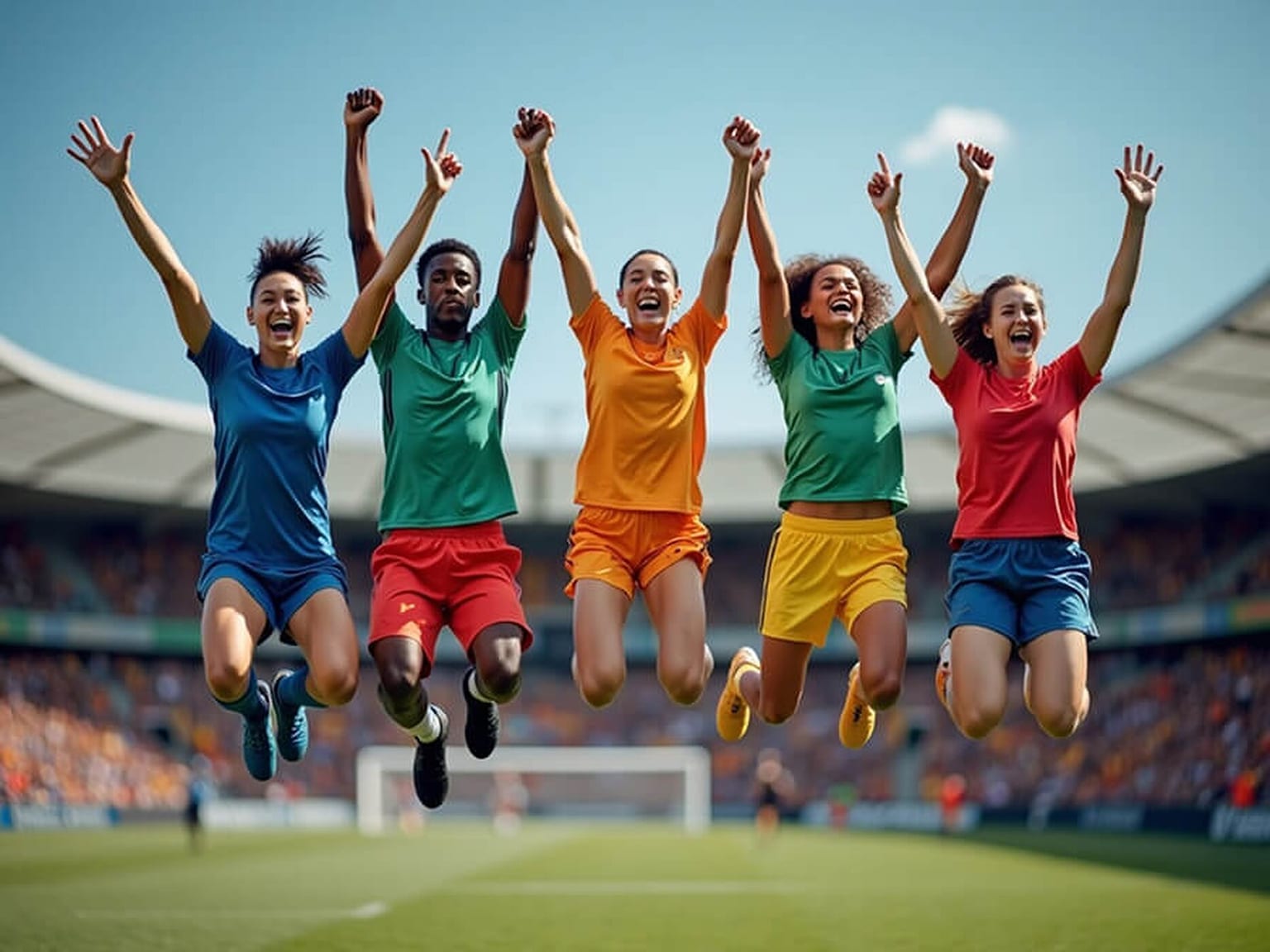 Six players in brightly coloured kit jumping in the air together on a pitch with arms raised and mouths open in celebration.