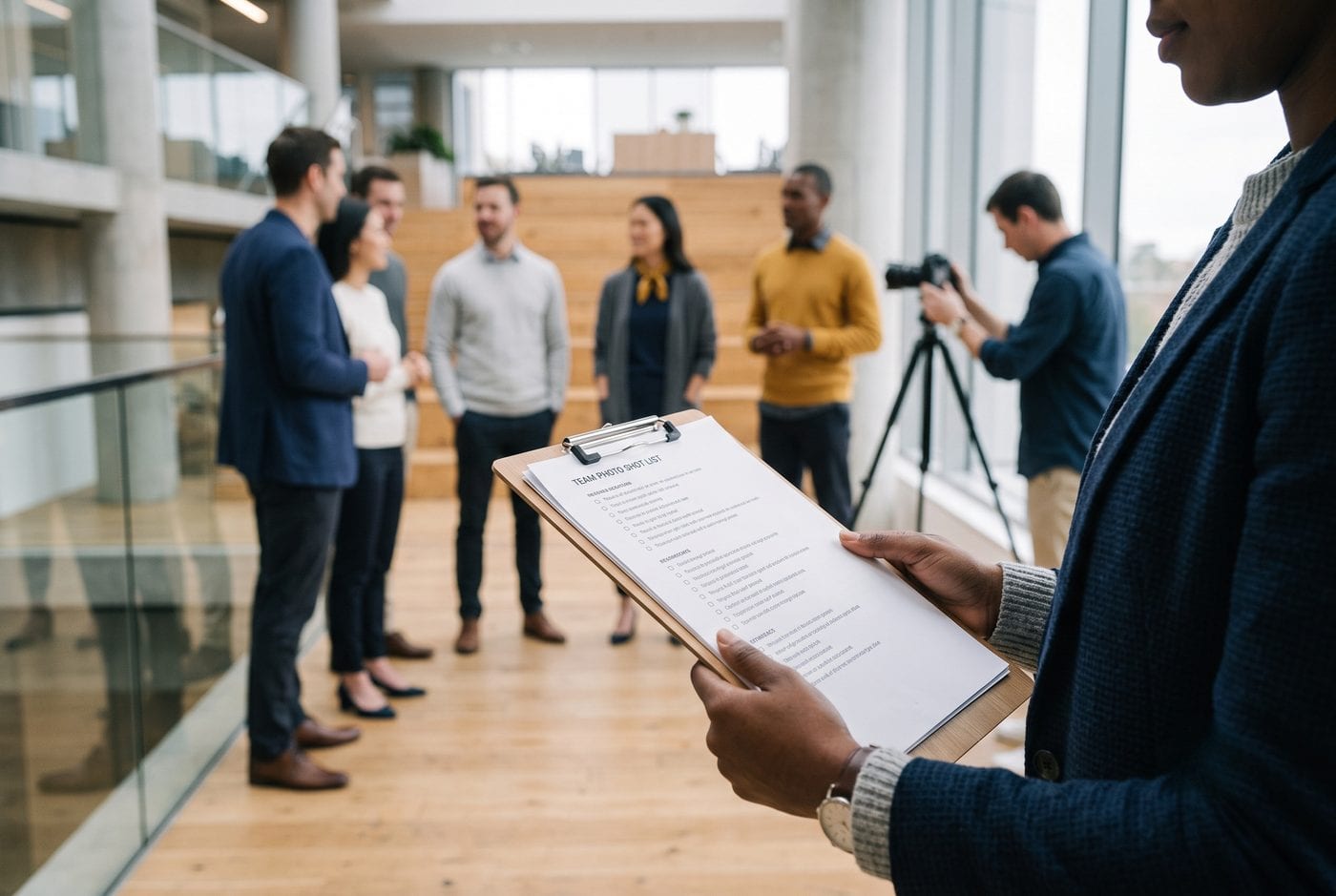 Close view of a printed team photo shot list on a clipboard held by an organiser, with colleagues gathering and a photographer setting up a tripod softly out of focus behind.