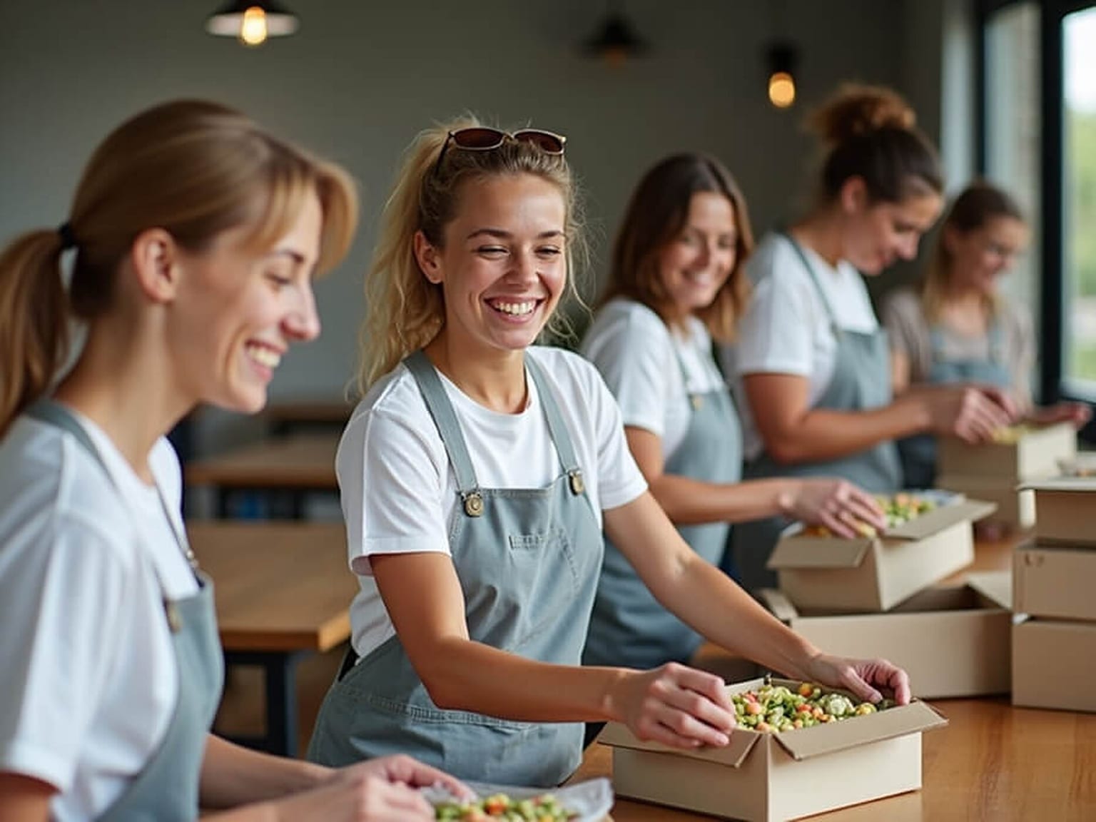 Five volunteers in aprons packing fresh produce into cardboard boxes at a long table, working and talking rather than posing.