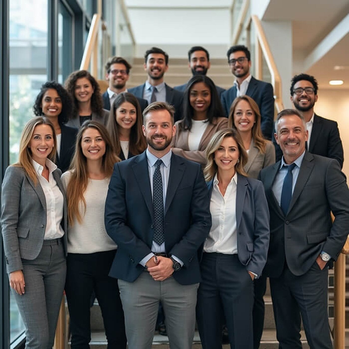 Team of about fourteen people arranged in tiered rows on a wide office staircase in front of floor-to-ceiling windows, wearing business attire in natural window light.