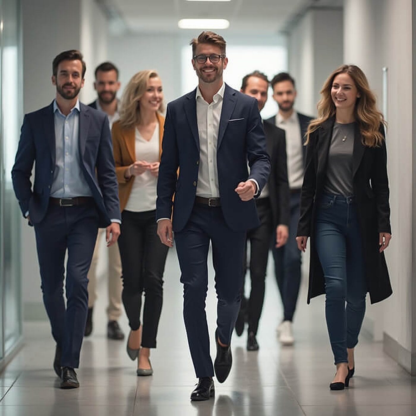 Seven colleagues in business attire walking together toward the camera down a bright office corridor, mid-stride and talking to each other.