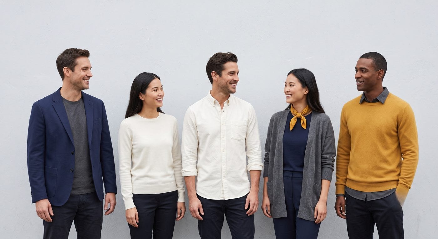 Five colleagues standing against a plain pale grey wall in one coordinated palette of navy, charcoal, cream and a single mustard accent, turned toward each other talking.