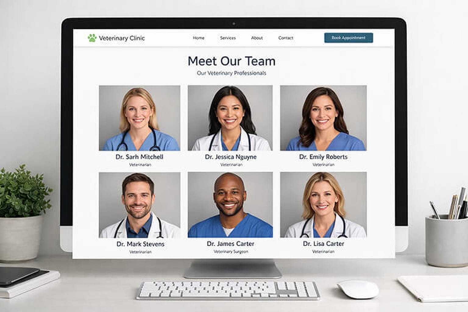 Desktop monitor on a white desk displaying a Meet Our Team page with six matching headshots in a three-by-two grid, each with a name and job title.