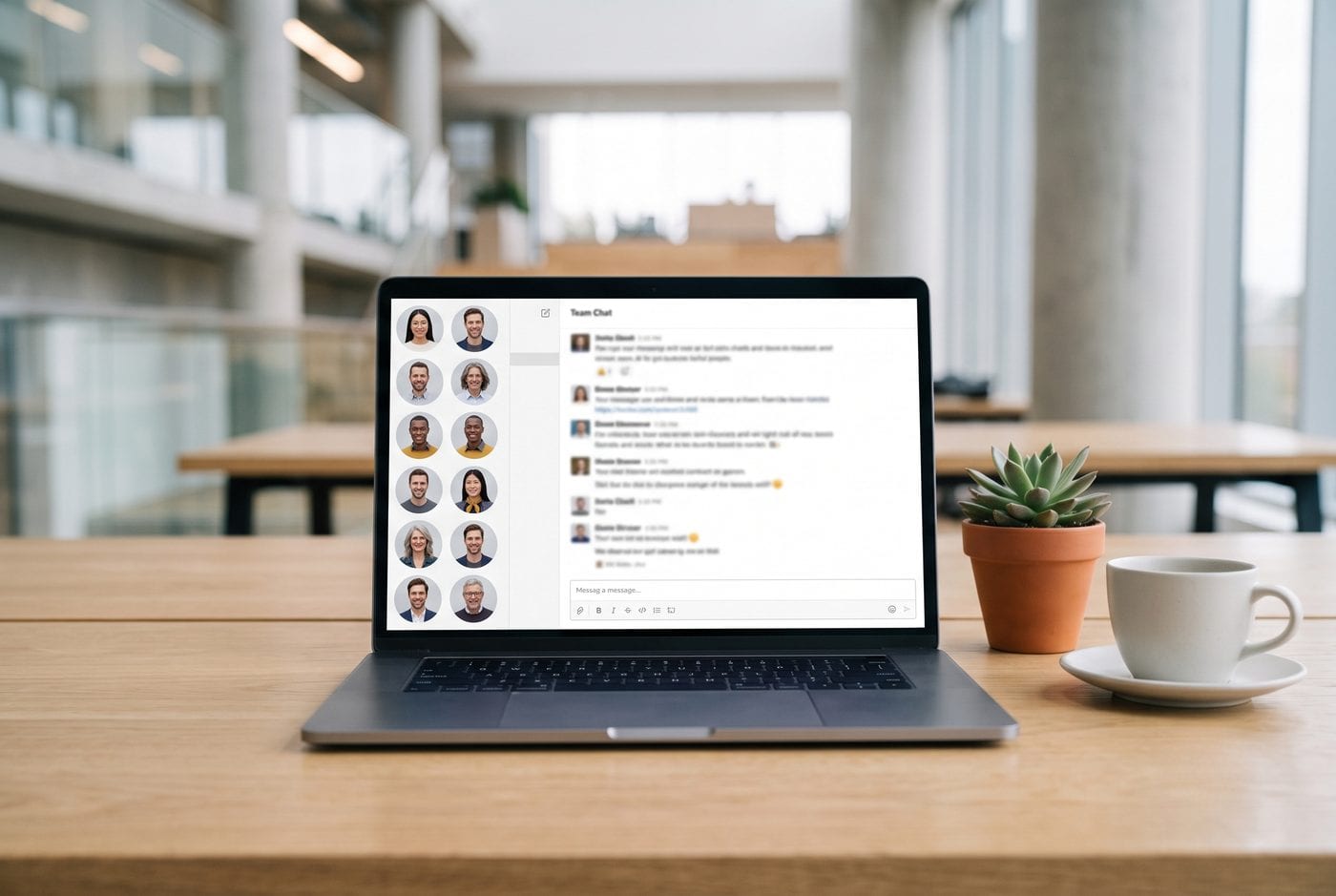 Laptop on a wooden desk showing a team chat application, with a sidebar column of matching circular profile photos all shot on the same neutral grey background.