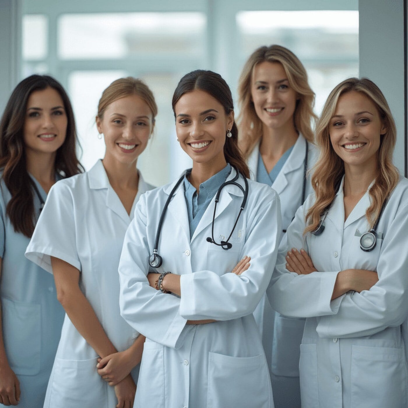 Five medical staff in white coats and scrubs standing in a line with arms crossed in a bright clinic, evenly spaced and facing the camera.