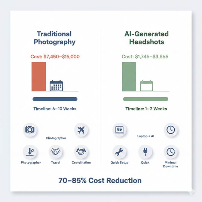 Cost comparison infographic showing traditional employee headshot photography costs $7,450-$15,000 versus AI-generated headshots at $1,745-$3,865 for 50 employees