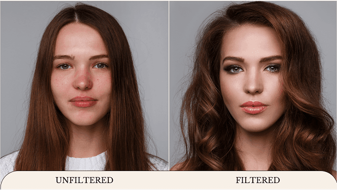 The same woman shown unfiltered and then filtered, with the filtered version showing smoothed skin, enhanced eyes and altered colouring, illustrating what people are unknowingly comparing their own candid photos against.