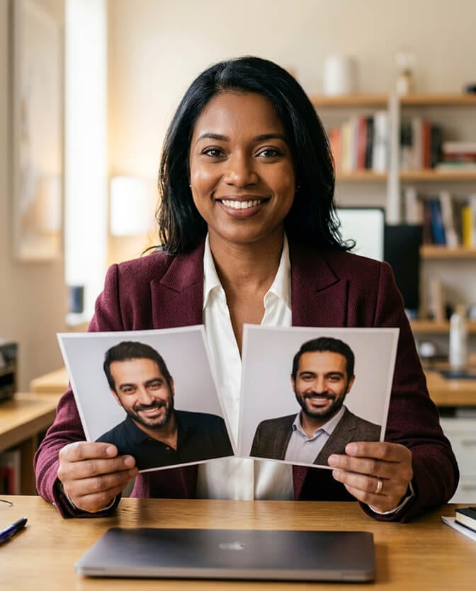 Woman in a burgundy blazer smiling at a desk while holding two printed AI headshot examples showing how good photos can break the unphotogenic belief loop