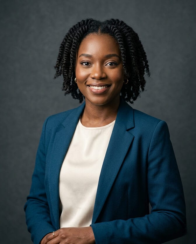 Professional AI headshot of a woman in a deep teal blazer and cream top against a dark studio background showing a polished, confident expression