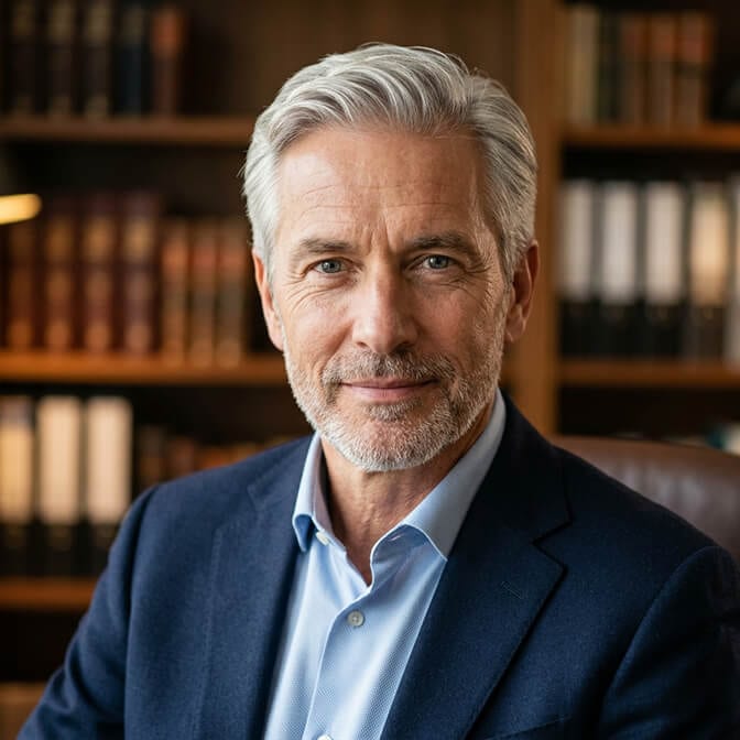 Professional AI headshot of a mature man with gray hair in a navy blazer and light blue shirt against a softly lit library bookshelf background
