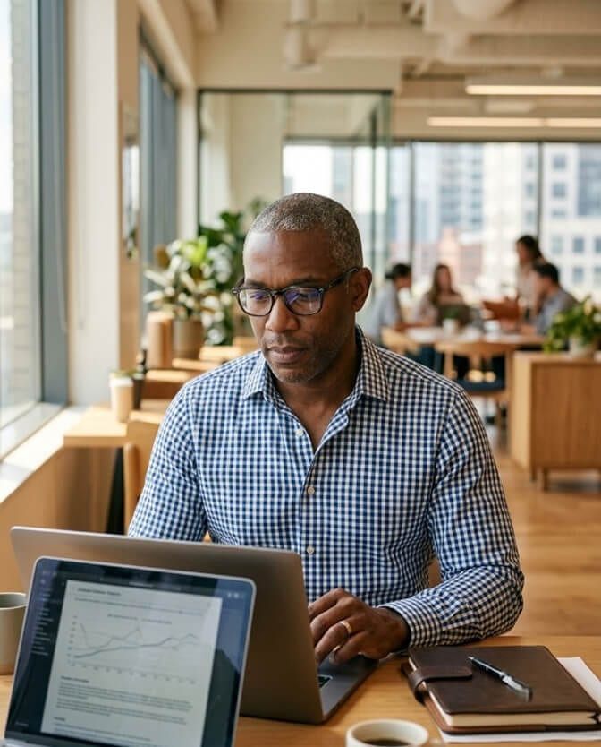 Recruiter reviewing a candidate profile on a laptop in a modern office