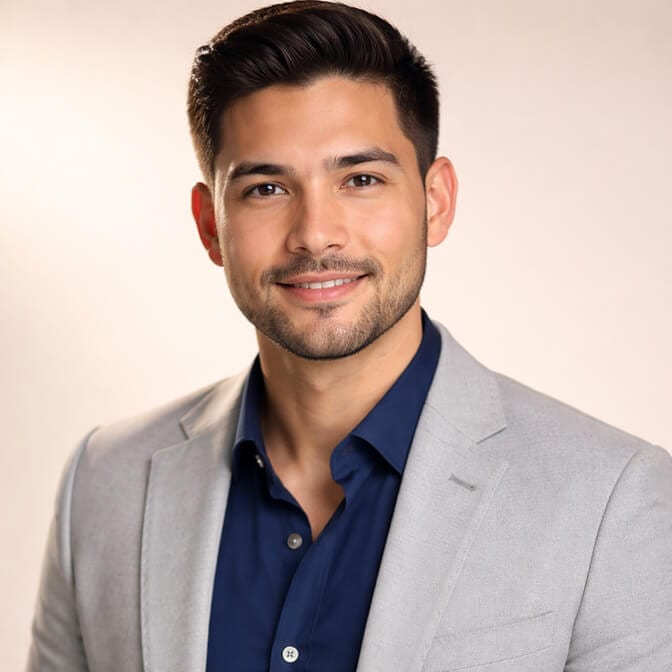 Professional AI headshot of a man in a light gray blazer and navy shirt against a soft neutral background showing a natural at ease expression that overcomes the four forces of photo anxiety