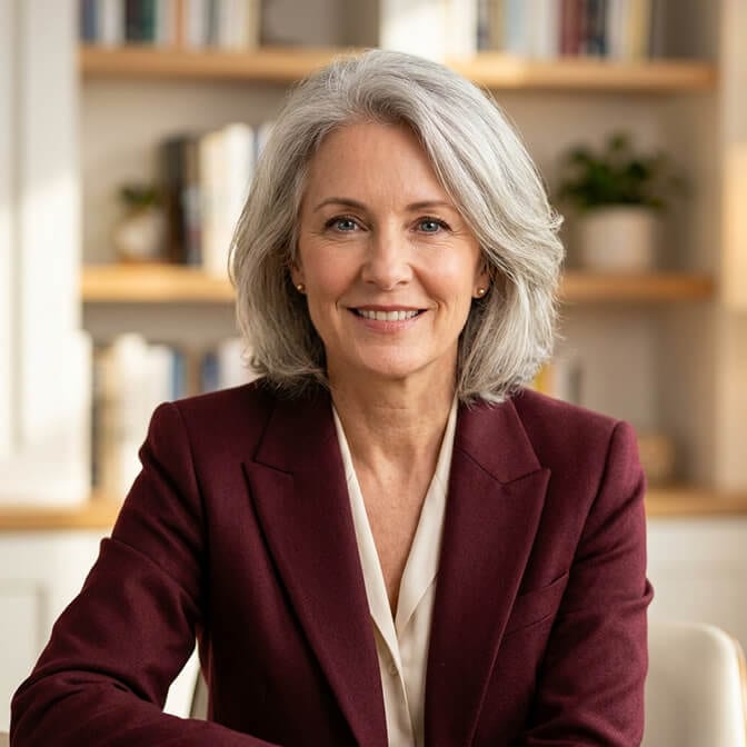 Professional AI headshot of a mature woman with gray hair in a burgundy blazer and cream blouse against a softly lit bookshelf background showing the confident, present look that emerges when the camera conditions are right