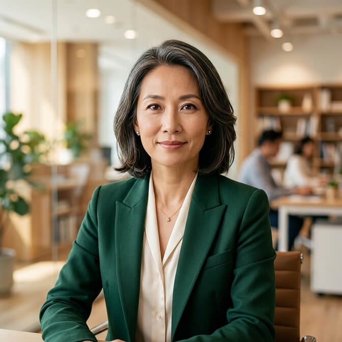 Professional AI headshot of a woman in a dark green blazer with a cream blouse against a soft blurred office background showing how flattering a portrait can look when shot from a respectful distance
