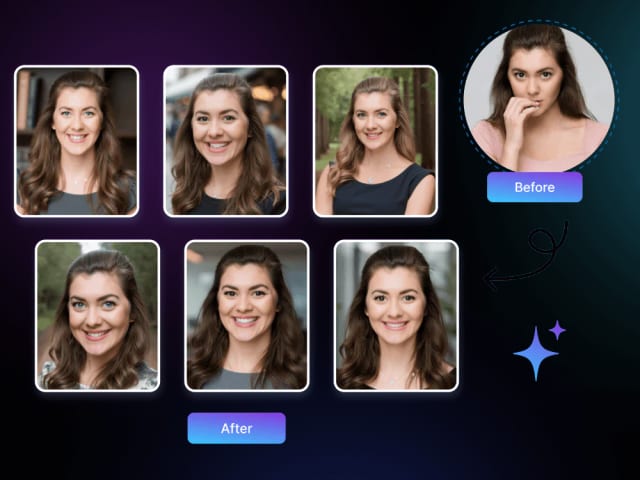 Before and after examples of AI headshots with different backgrounds and styles