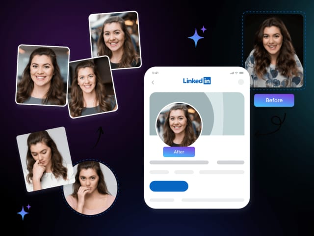 AI-generated headshots applied to LinkedIn profile mockups for corporate branding