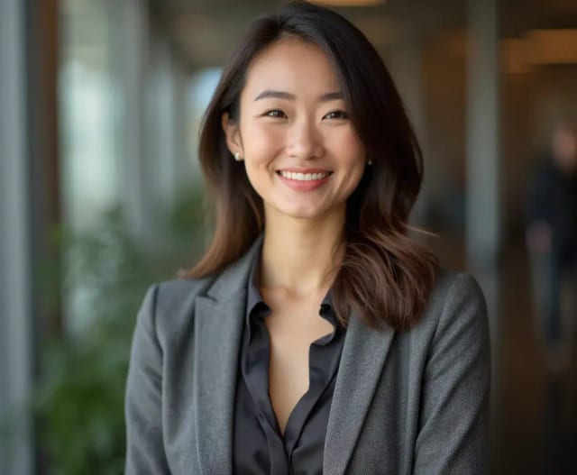 Professional linkedin headshot of a woman with blur office background