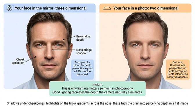 Demonstration of how 3D facial features get flattened in a 2D photograph