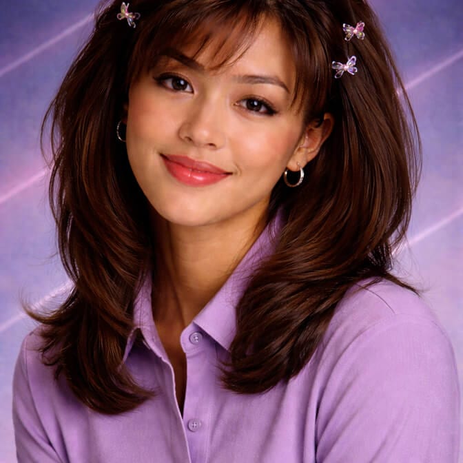 AI 90s yearbook photo of a woman with feathered hair and butterfly clips against a retro studio backdrop