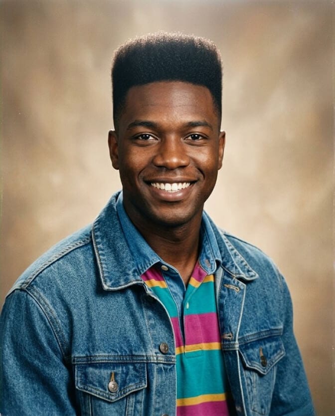Realistic AI 90s yearbook photo of a young man in a denim jacket and striped polo that looks like him