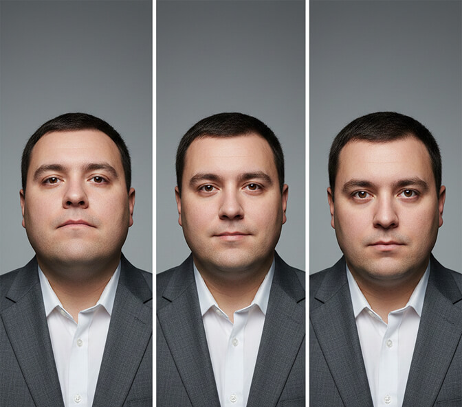 Camera positioned slightly above eye level to create a slimming and flattering headshot angle