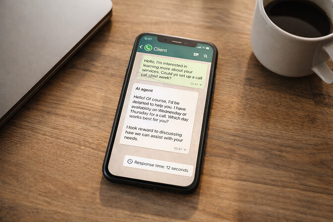 AI agent responding instantly to client inquiries on WhatsApp and Slack while solopreneur is in a meeting
