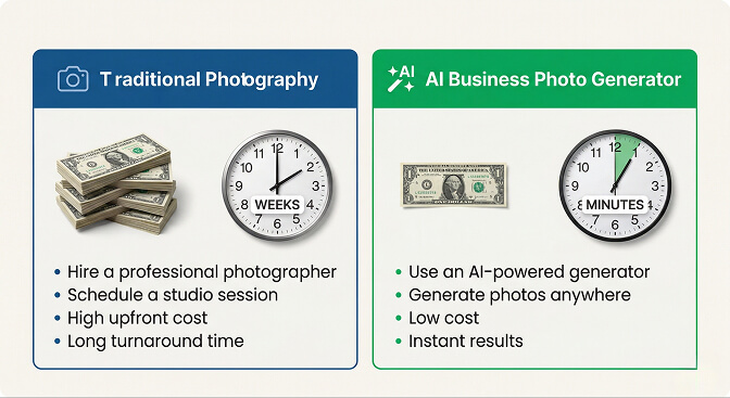 Cost comparison showing traditional team headshots at 3500 to 6500 dollars versus AI headshots at 200 to 500 dollars for a team of 10