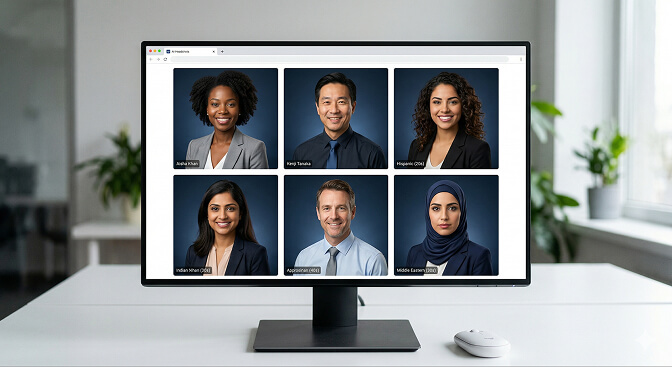 Step by step process of an AI business photo generator from uploading selfies to receiving professional headshots in minutes