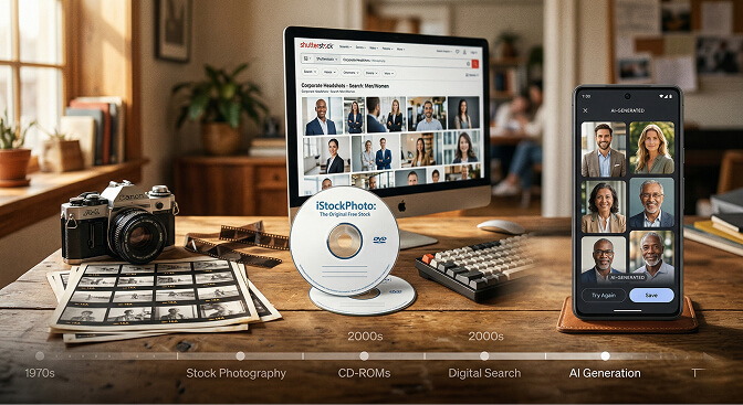 The stock photo parallel showing how AI headshots are following the same adoption curve that disrupted traditional photography