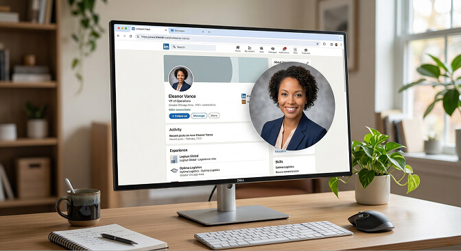 LinkedIn profile stats showing 14x more views with professional photos and how AI headshots deliver the ideal approachable confident look