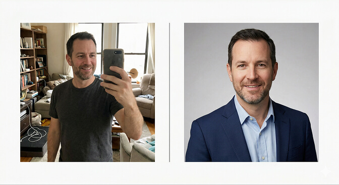 Side by side comparison of AI generated business headshots versus traditional studio photography showing indistinguishable quality