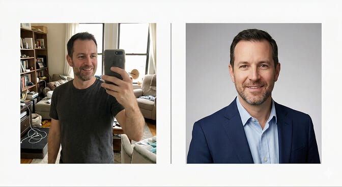 Side by side comparison of AI generated business headshots versus traditional studio photography showing indistinguishable quality