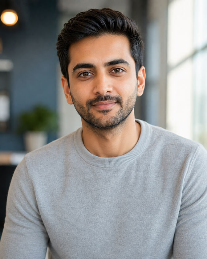 AI headshot of a young man with a short beard in a light grey crewneck sweater, standing in a modern office with a large window and soft daylight on his face.