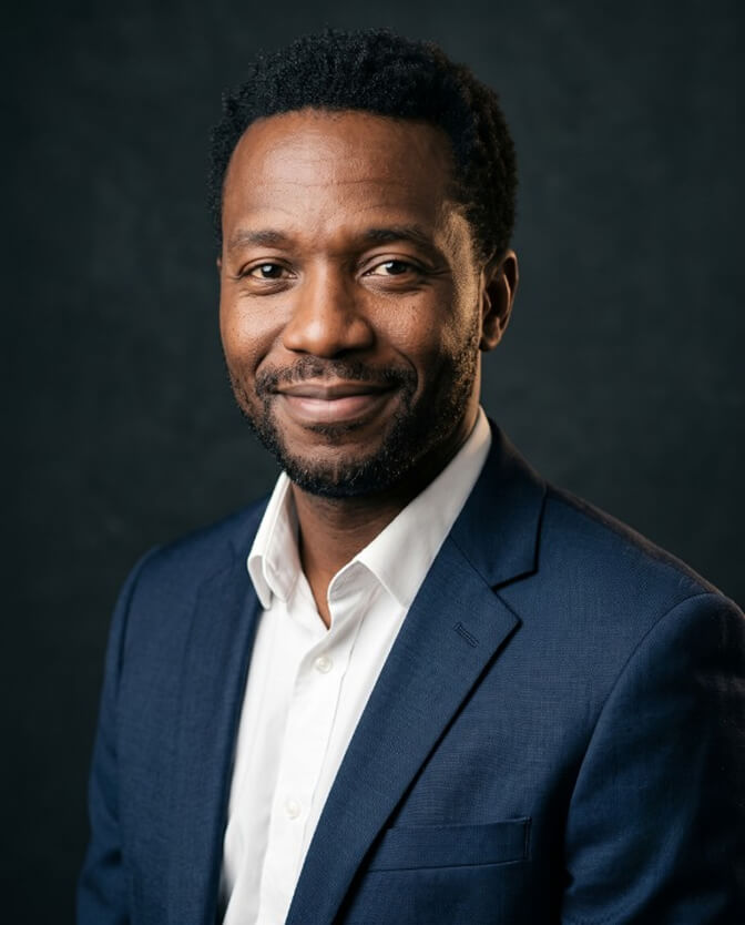 AI headshot of a smiling man with a short beard in a navy suit jacket over a white shirt, photographed against a deep charcoal backdrop with dramatic side lighting.