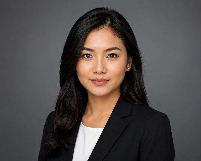 AI headshot of a woman with long dark hair in a black blazer over a white top, photographed against a mid-grey studio background with directional side lighting.