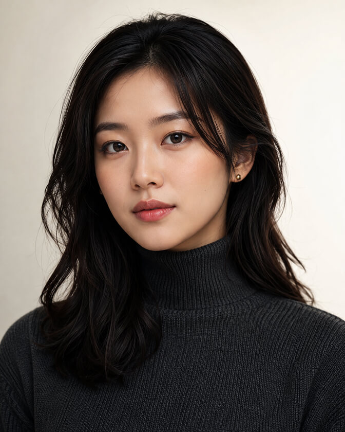 AI headshot of a woman with wavy black hair in a charcoal knit turtleneck, lit softly against a plain off-white backdrop with visible skin texture and no heavy retouching.