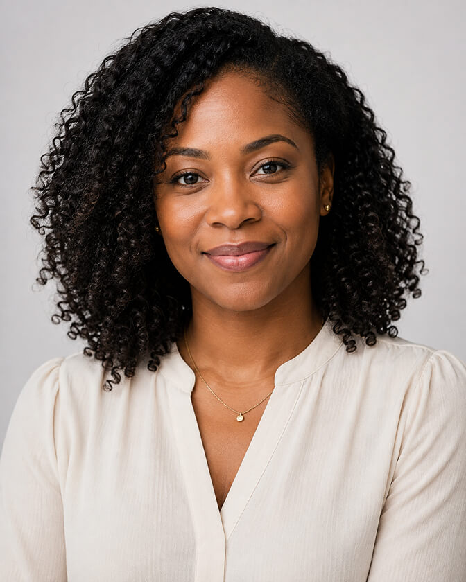 AI headshot of a woman with shoulder-length curly black hair in a cream blouse and a fine gold necklace, photographed against a light grey studio background.