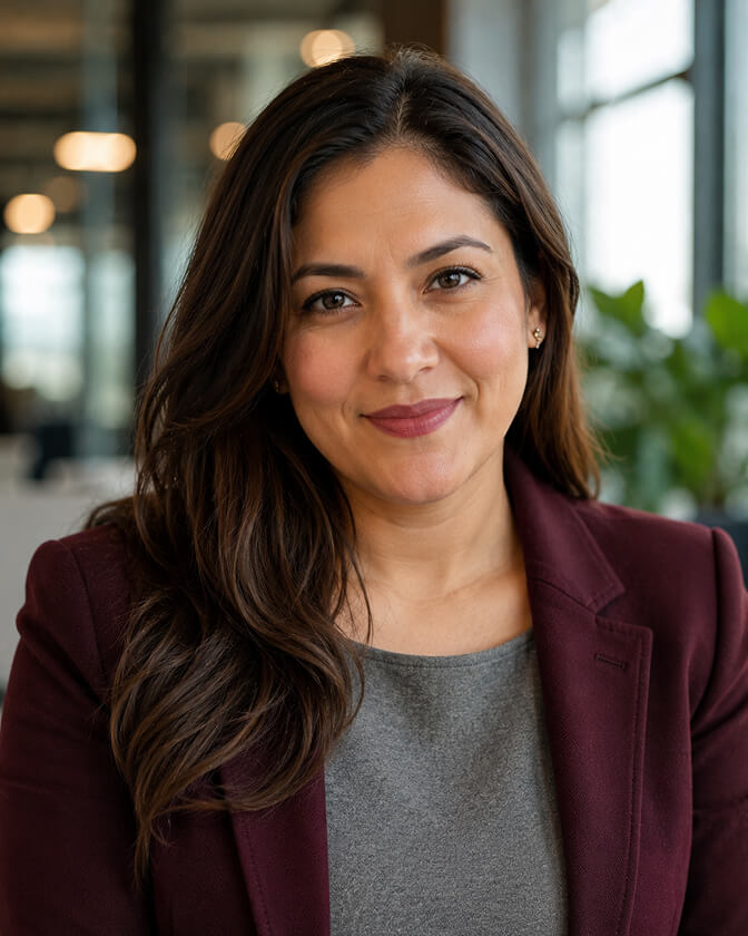 AI headshot of a woman in a maroon blazer over a grey crew neck top, photographed in an open plan office with warm ceiling lights blurred into bokeh behind her.
