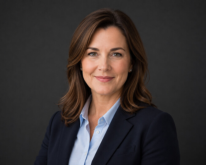 AI headshot of a woman with shoulder-length brown hair in a navy blazer over a light blue shirt, photographed against the same dark charcoal backdrop for a matching team set.