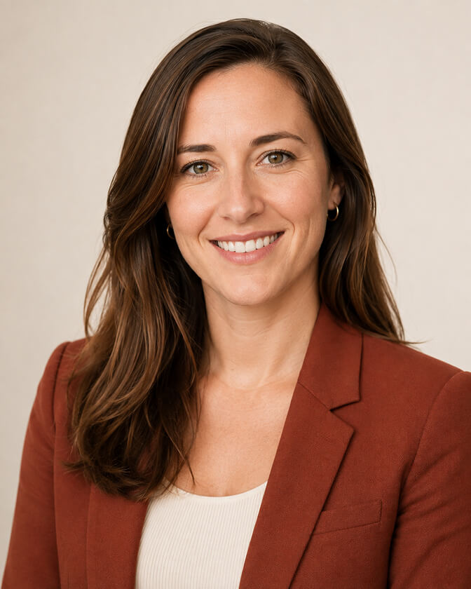 AI headshot of a smiling woman with long brown hair in a rust coloured blazer over a cream top, photographed against a warm cream studio backdrop.