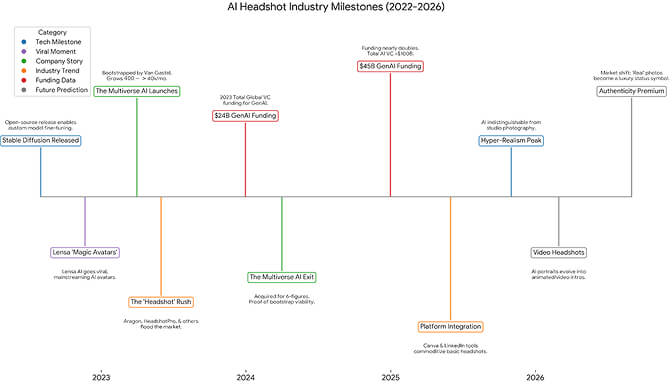 Timeline of AI headshot industry milestones and venture capital funding growth reaching $100 billion in 2024