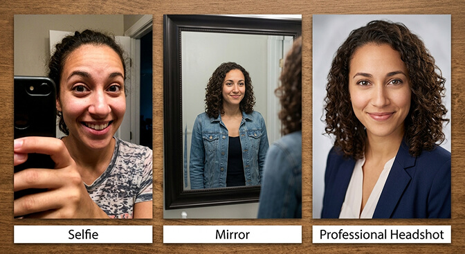 AI generated headshot showing a natural flattering result between selfie and mirror